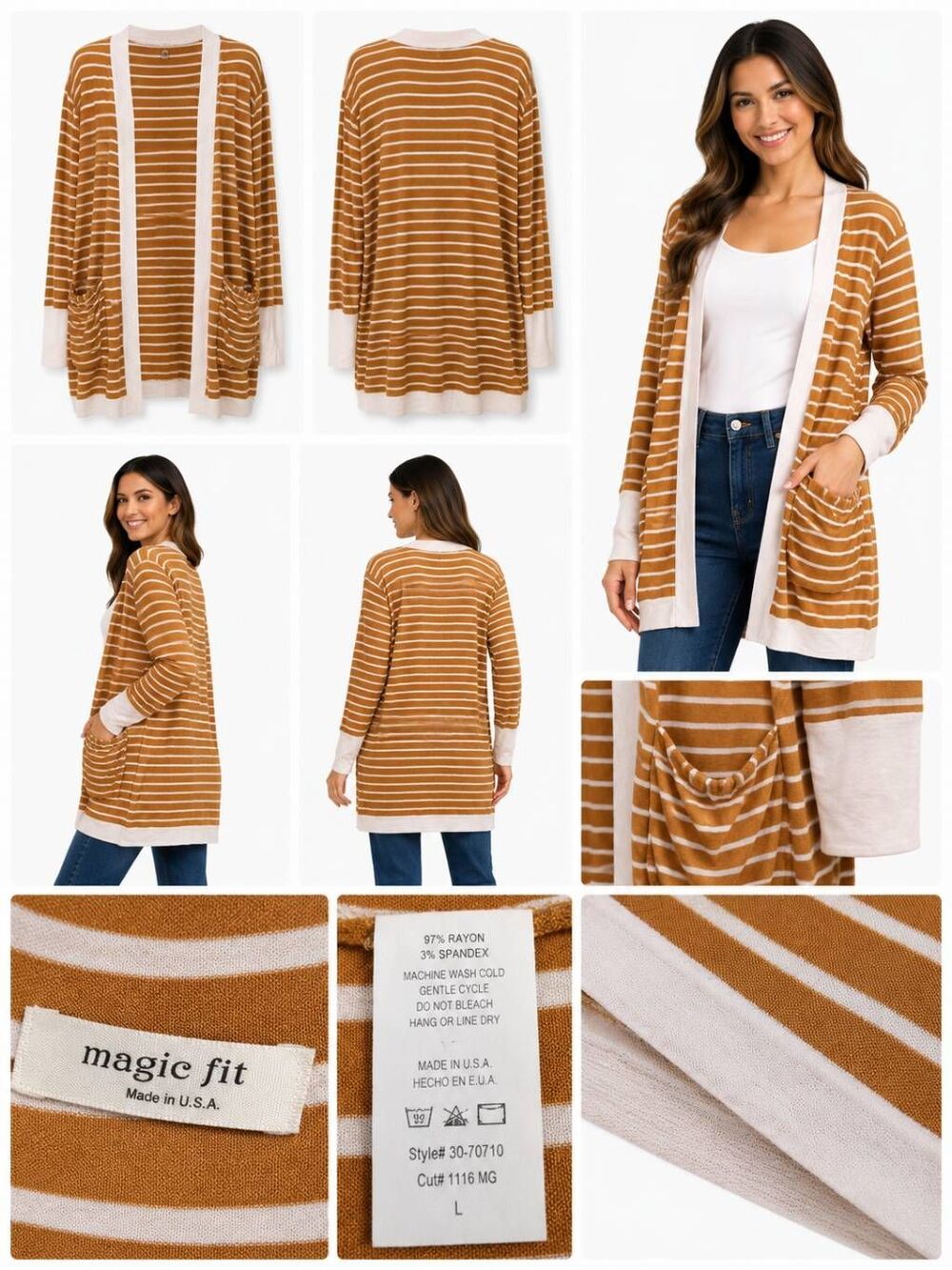 Magic Fit Camel White Stripe Long Cardigan Pockets Size L